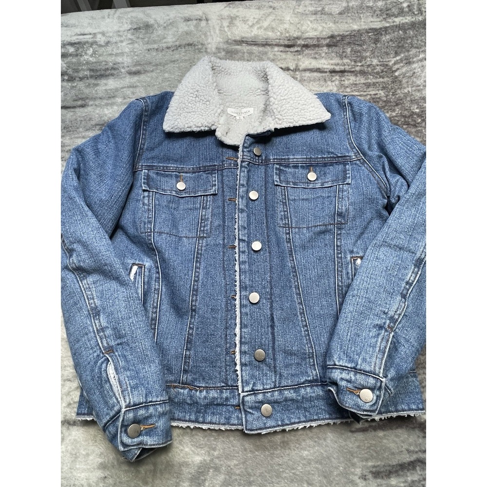 Honey Punch Women's Small Sherpa Lined Denim Jacket Button Up Pockets Blue Jean